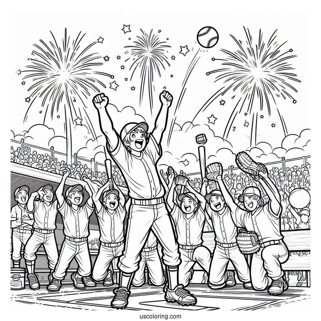 Easy Baseball Coloring Page Of Team Celebrating in Dugout For Kids