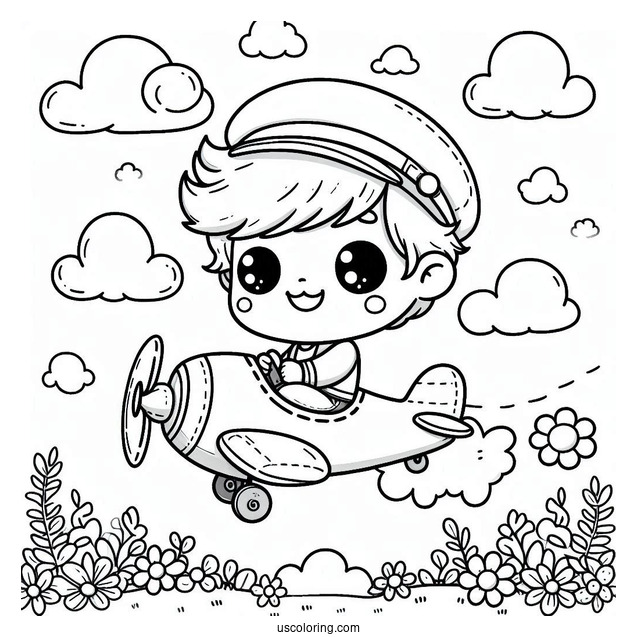 Cute Coloring Page Little Boy Riding An Airplane