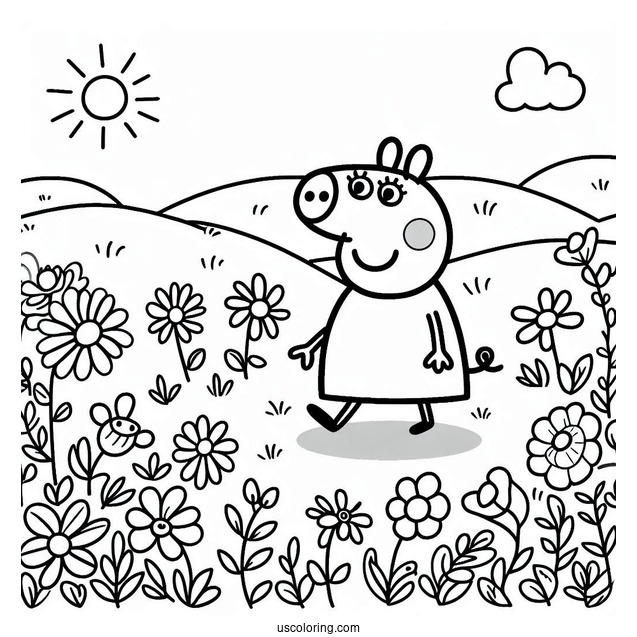 Peppa Pig Walking In Field With Flowers