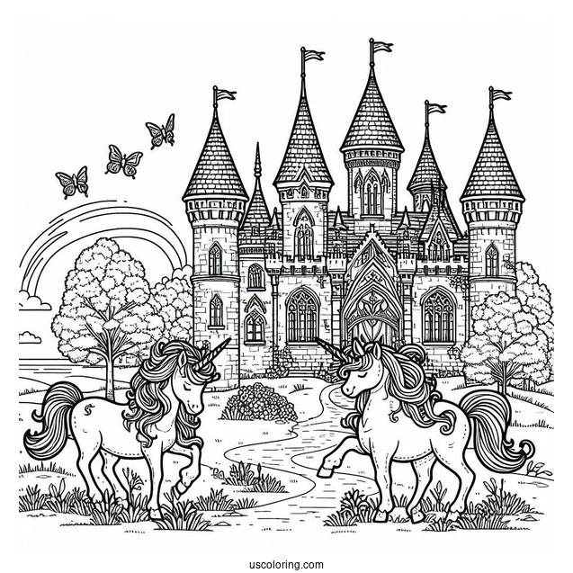 Unicorns Strolling Outside A Beautiful Castle Coloring Page