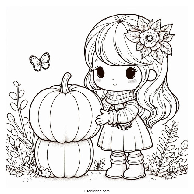 Precious Moments Coloring Page Of Girl Holding Pumpkin In Autumn