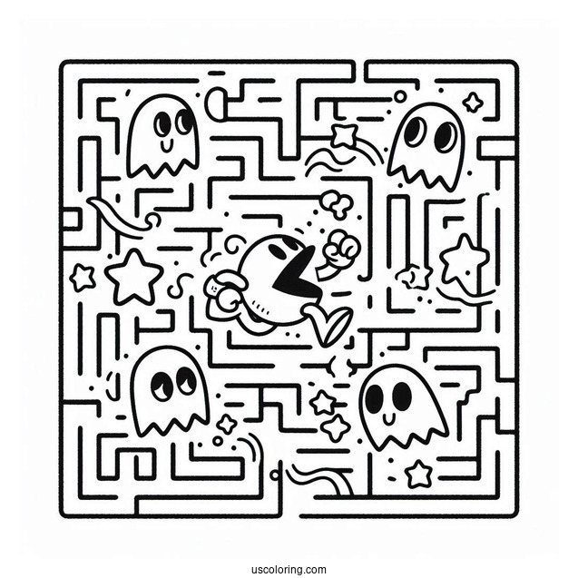 Inky, Blinky, Pinky, And Clyde Ghosts Chasing Pac-Man Coloring Page In Maze
