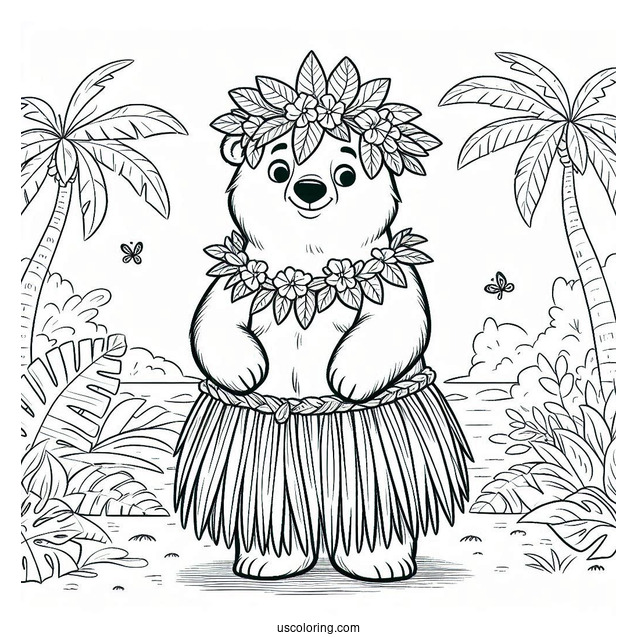 Jungle Book Coloring Page Of Balooo Wearing Hula Skirt And Leaf Headdress For Kids