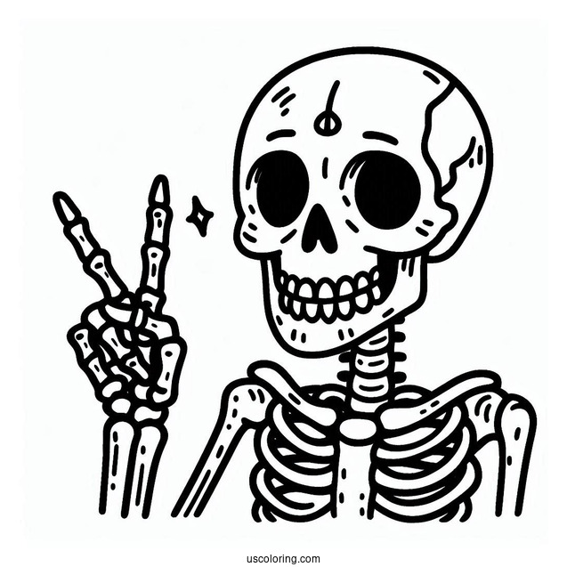 Smiling Skeleton Coloring Page Doing Peace Sign