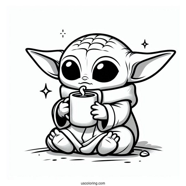 Cute Kawaii Baby Yoda Drinking Tea