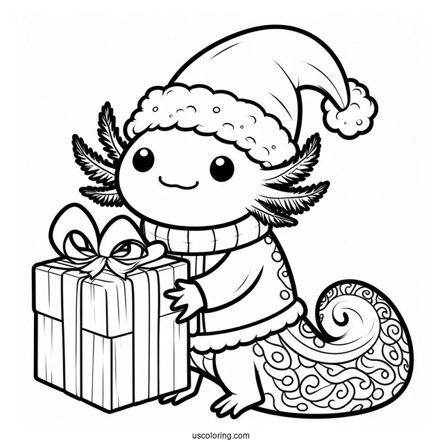 Axolotl Coloring Page In Santa Costume Holding A Present