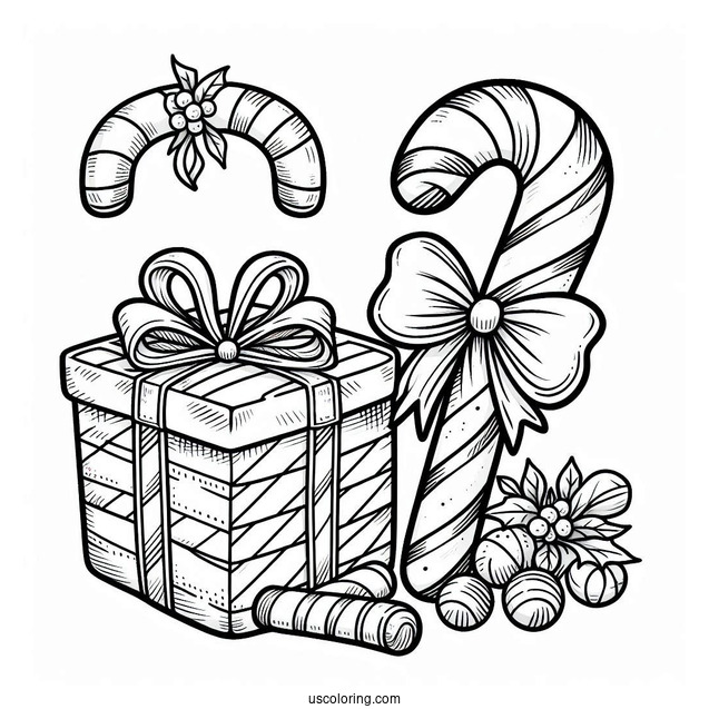 Candy Cane With Christmas Presents To Color