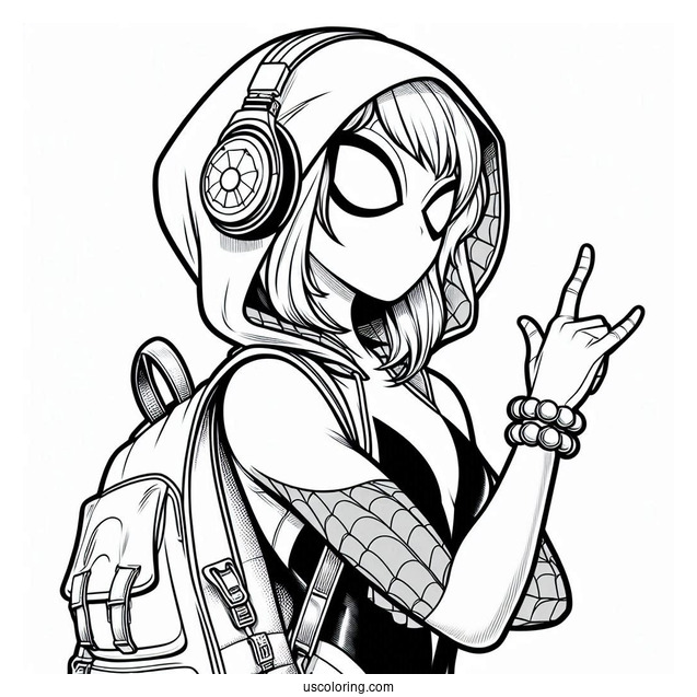 Spider-Gwen Coloring Page Wearing Headphones And Backpack