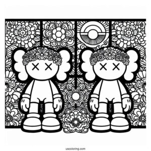 KAWS Coloring Page Companion With Retro Hippie Flower Background