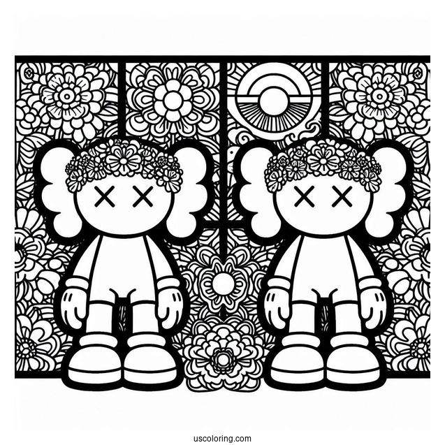 KAWS Coloring Page Companion With Retro Hippie Flower Background