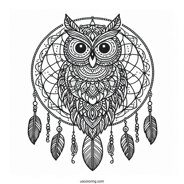 Owl Mandala Dreamcatcher Coloring Page