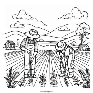 Two Farmers Planting Crops To Color
