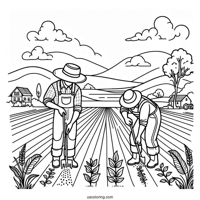 Two Farmers Planting Crops To Color