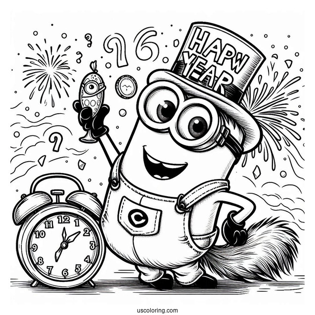 Cute Minion Waving While The Clock Strikes Twelve On New Year Coloring Page
