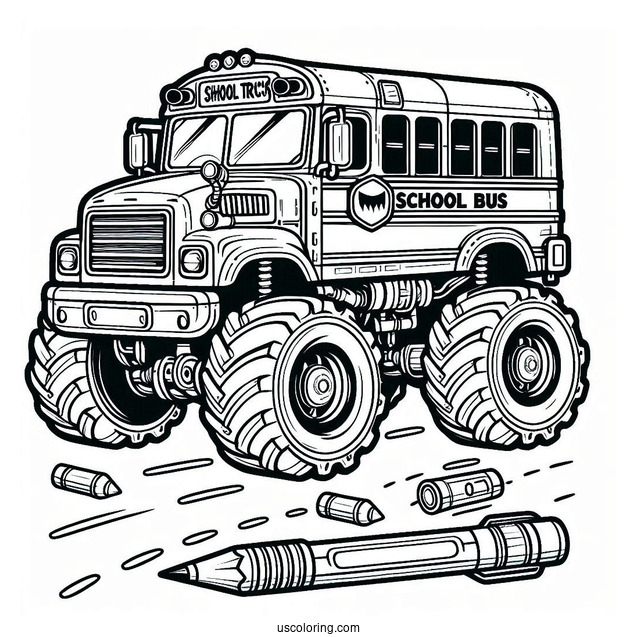 Monster Truck School Bus Coloring Page In The Air