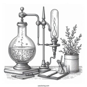 Science Coloring Page Of Volumetric Flask Being Heated On Stand Above Alcohol Lamp