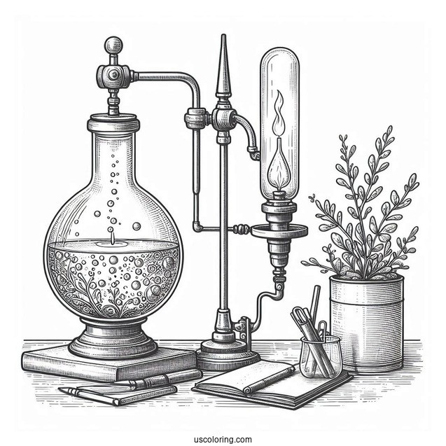 Science Coloring Page Of Volumetric Flask Being Heated On Stand Above Alcohol Lamp