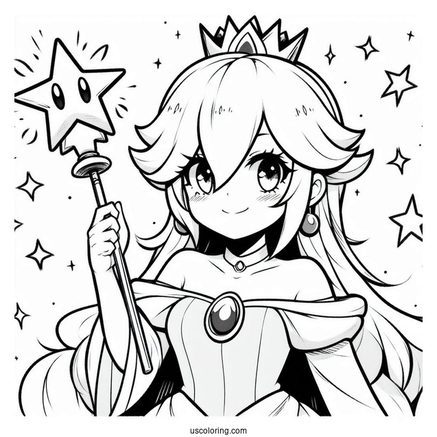 Anime Rosalina Coloring Page Holding Up Star Wand
