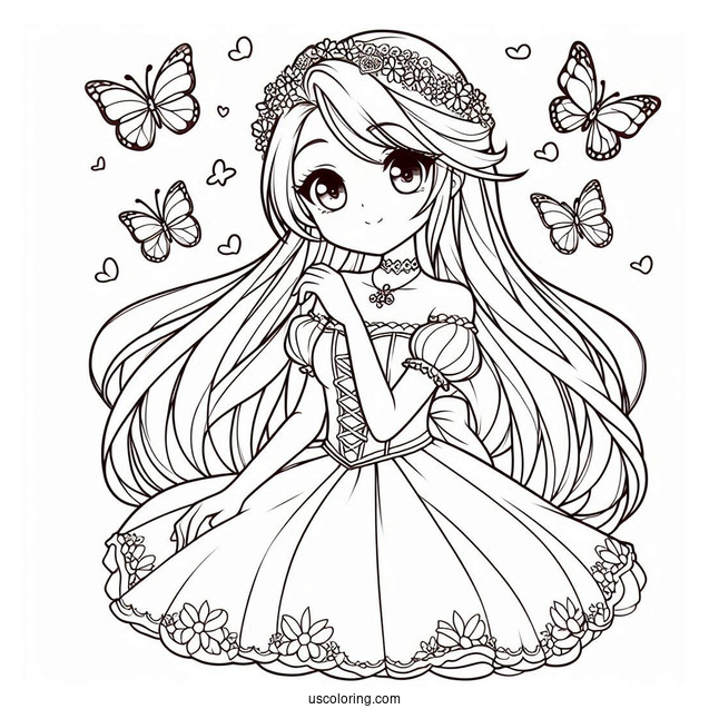 Princess Coloring Page Of Anime Rapunzel With Butterflies