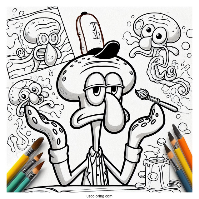 Squidward Coloring Page And SpongeBob Painting Self Portraits