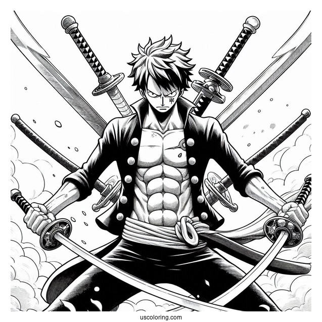 One Piece Coloring Page Of Zoro Using Three Swords In Battle