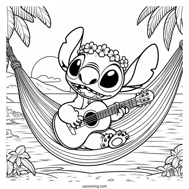 Lilo And Stitch Playing Guitar On a Hammock Coloring Page