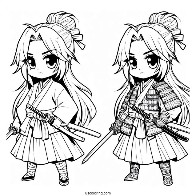 Fierce Young Chibi Coloring Page Samurai in Battle Robes