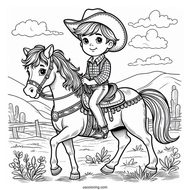 Young Cowboy Coloring Page Riding A Horse For Kids