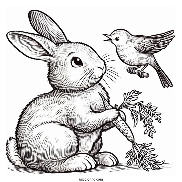Peter Rabbit Coloring Page Nibbling On A Carrot While Looking Up At A Bird