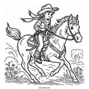 Young Cowboy Coloring Page Riding A Horse For Kids