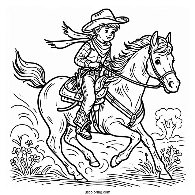 Young Cowboy Coloring Page Riding A Horse For Kids