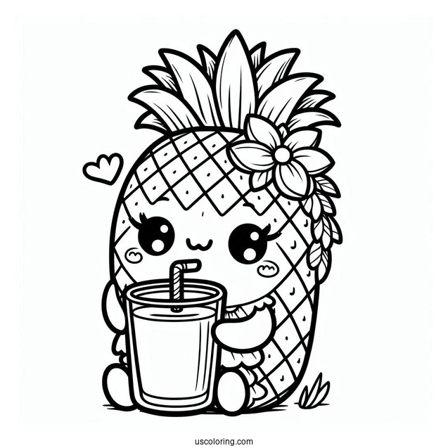 Smiling Pineapple Coloring Page Holding Milk Tea For Kids