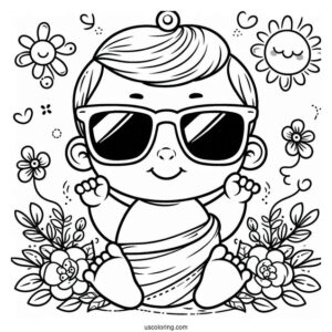 Easy Baby Coloring Page Wearing Sunglasses For Kids