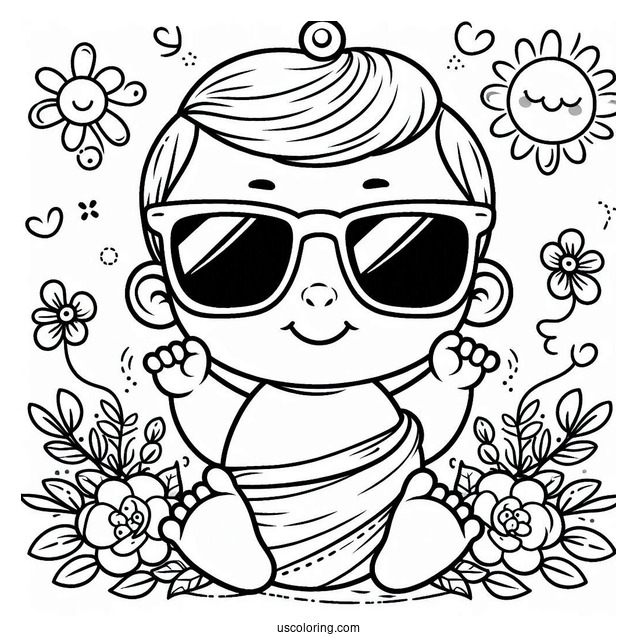 Easy Baby Coloring Page Wearing Sunglasses For Kids