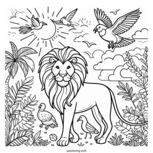 Lion With Birds Under The Sun In Jungle Coloring Page