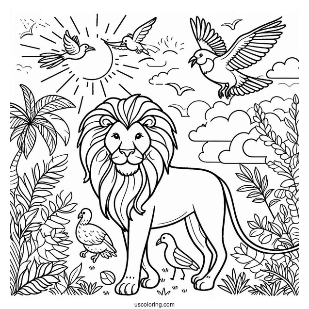 Lion With Birds Under The Sun In Jungle Coloring Page