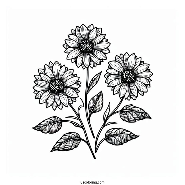 Flower Coloring Pages Of Three Small Sunflowers With Leaves