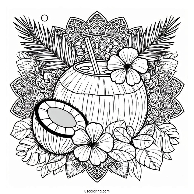 Summer Coloring Page Of Coconut Drink With Hibiscus Flower And Mandala