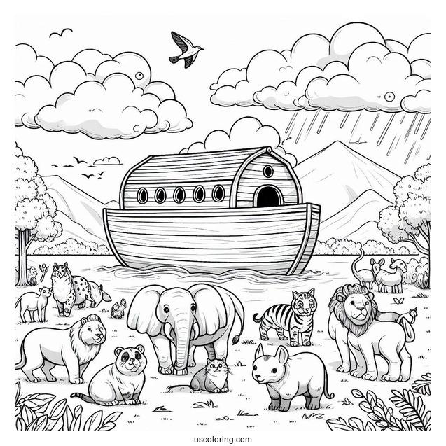 Noah's Ark Coloring Page Leading Animals Into The Ark