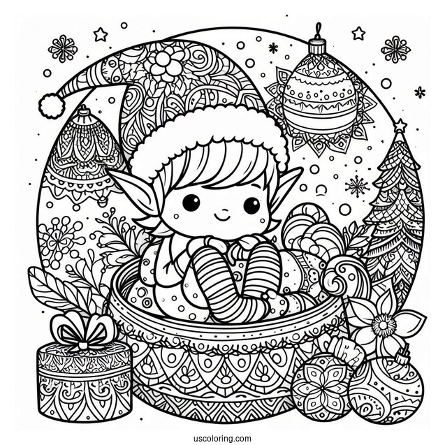 Cute Elf Sitting Inside A Christmas Mandala Coloring Page