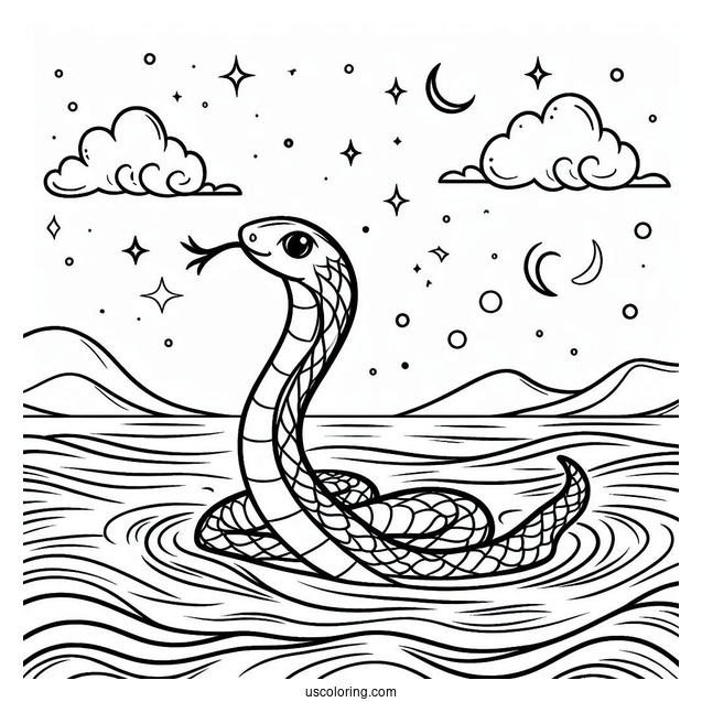 Coloring Page Of a Sea Snake In The Water