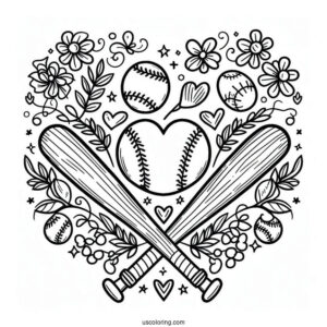 Baseball Coloring Page Of Heart and Bats For Preschoolers
