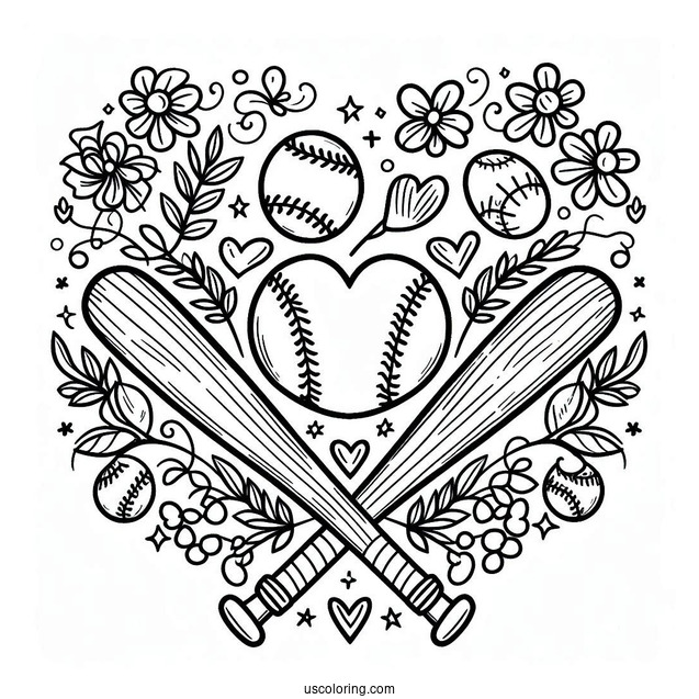Baseball Coloring Page Of Heart and Bats For Preschoolers