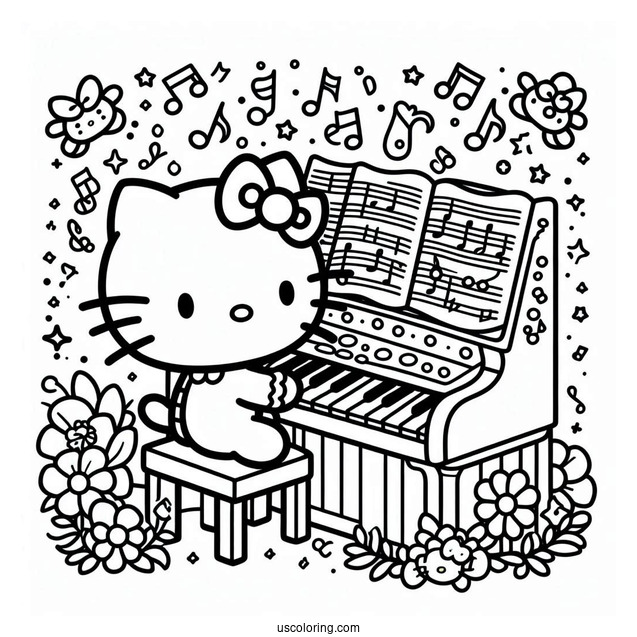 Sanrio Coloring Pages Of Hello Kitty Playing Piano For My Melody