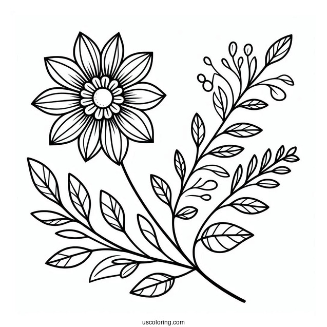 Easy Flower Mandala Coloring Page With Stem And Long Leaves