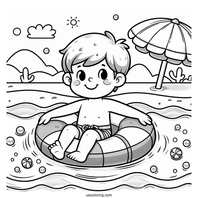 Swimming Coloring Page Of Happy Little Boy Wearing Pool Float For Kids