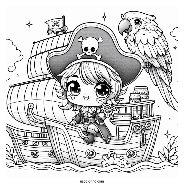 Adorable Chibi Pirates On A Pirate Ship Coloring Page With A Parrot