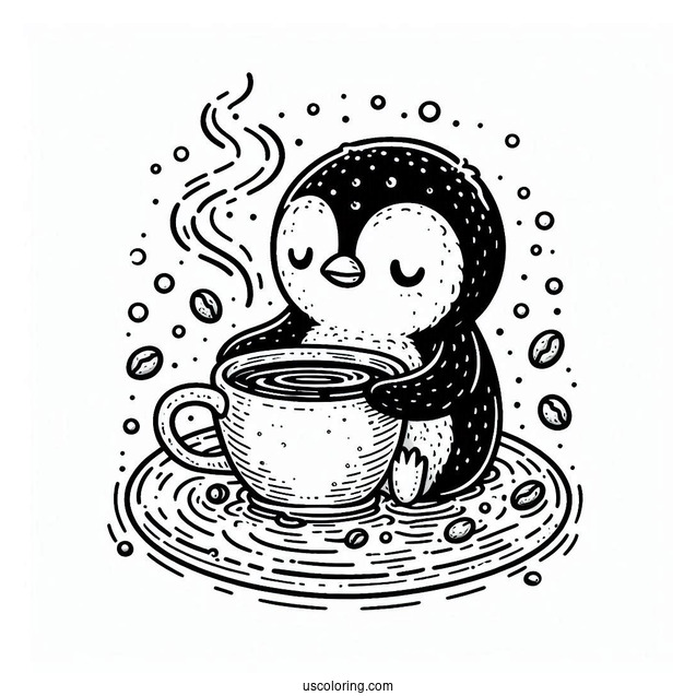 Penguin Bathing In Hot Coffee Coloring Page