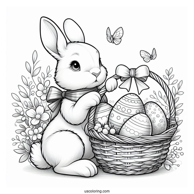 Realistic Bunny Carrying A Basket Of Easter Coloring Page Of Eggs