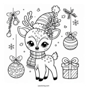 Christmas Coloring Pages For Adults Of Cute Reindeer With Christmas Baubles And Santa Hat